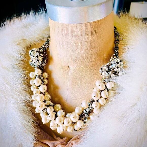 ♥️ Bib Necklace CZ Rhinestone Pearl, formal coquette PRICE FIRM, - Picture 5 of 12